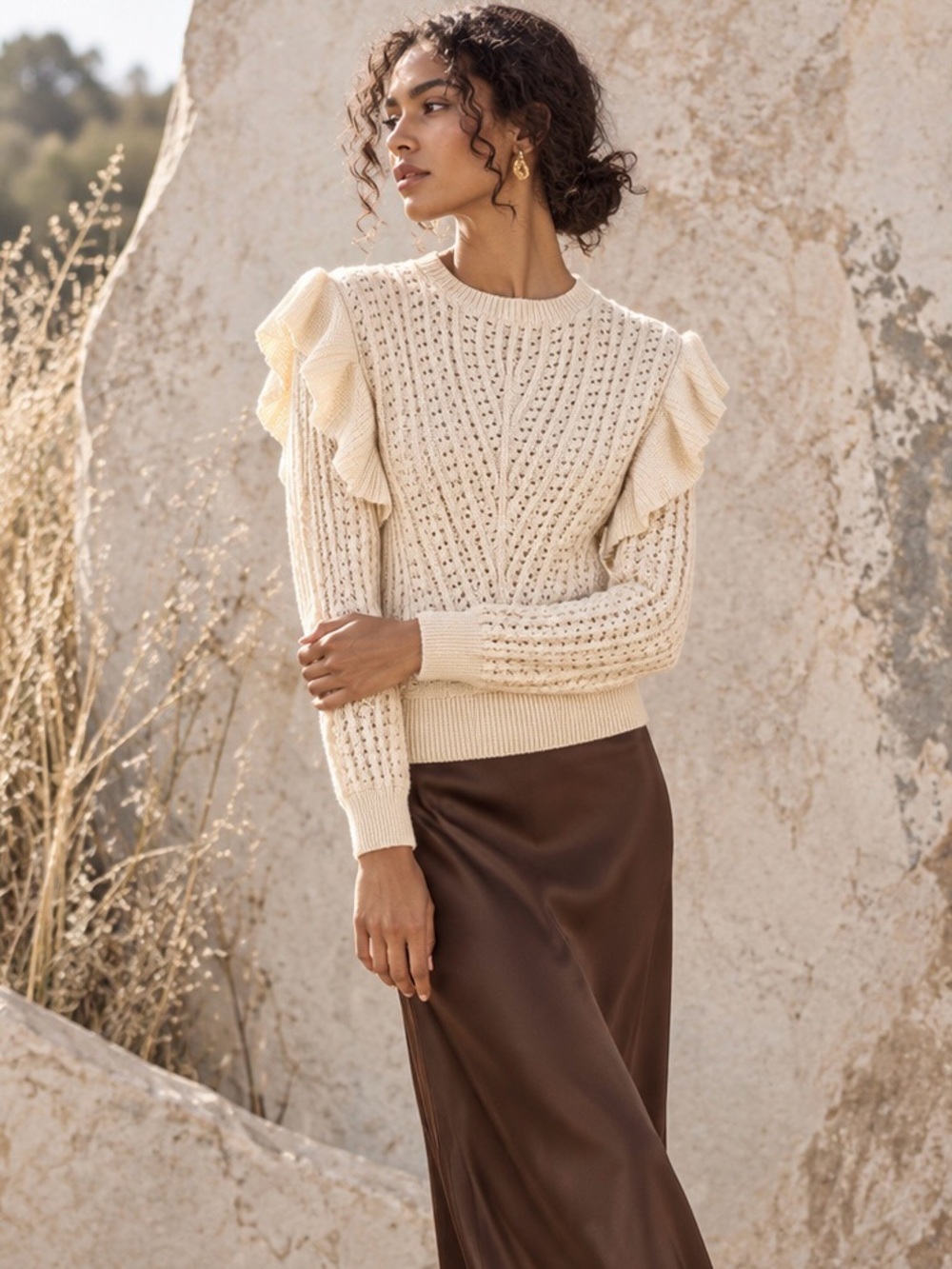 Nation LTD NWOT Kay Pointelle Ruffle Organic Pima Cotton Sweater in Porcelain, S